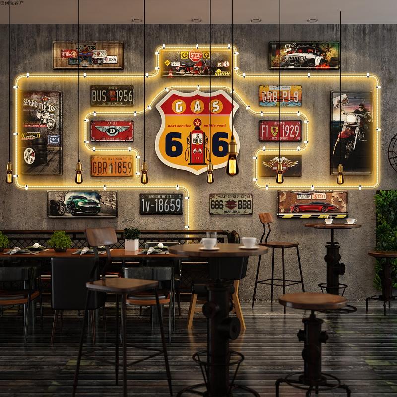 酒吧KTV墙面装饰画烧烤火锅饭店复古LOFT工业风车牌组合发光挂画图片