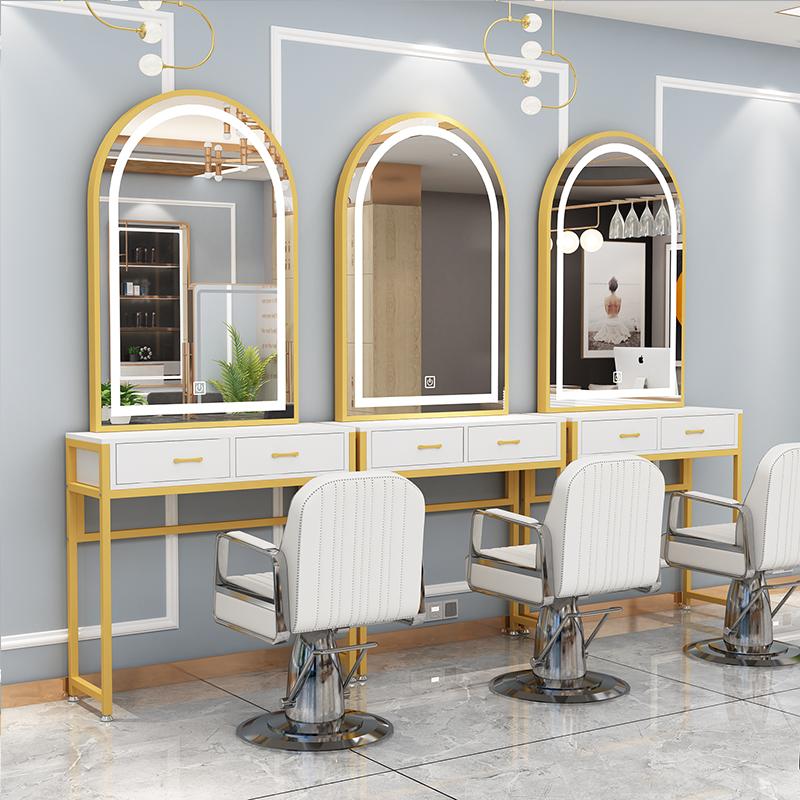 网红美容美发镜台柜子一体单面发廊专用烫染桌剪发镜子理发店镜台