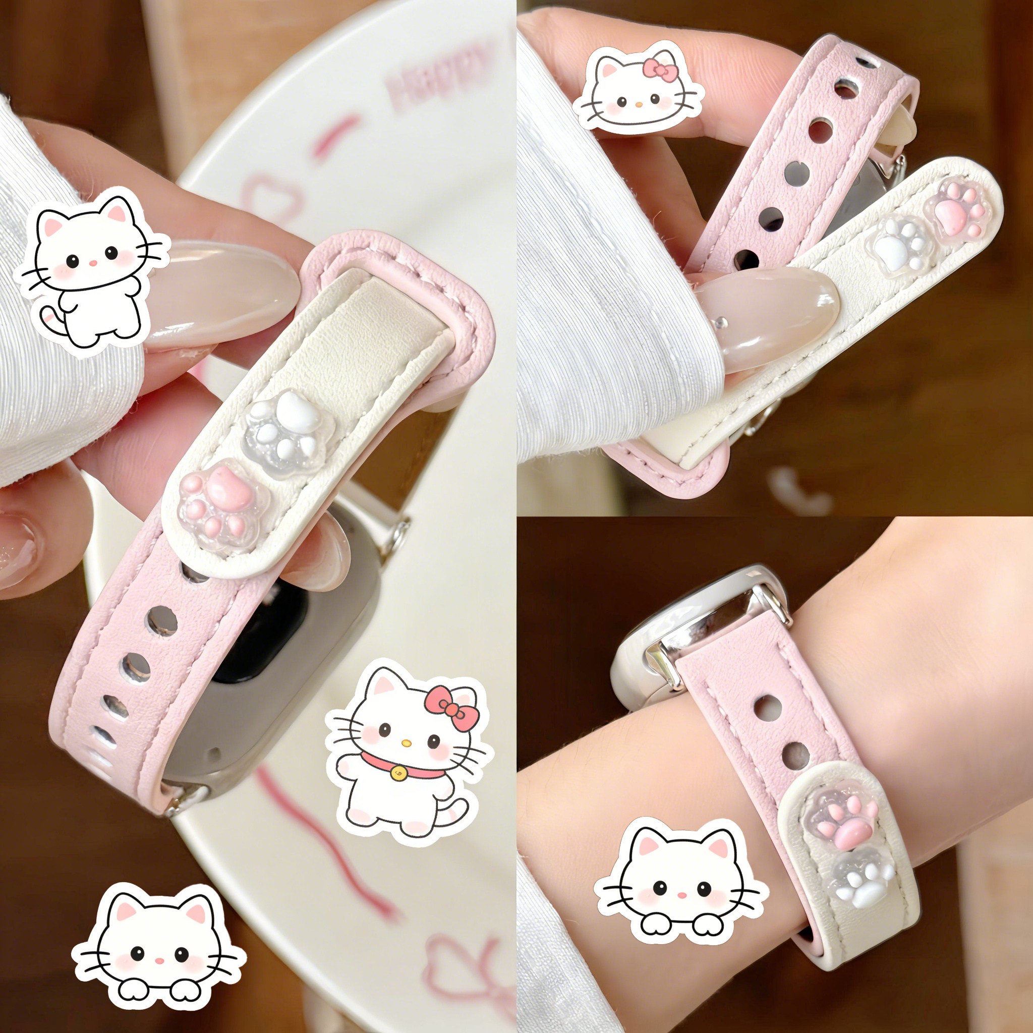 uhada适用小米手环10表带可爱猫爪拼色皮质小米手环9表带手表高级感双扣休闲8nfc表带智能运动男女款手环表带