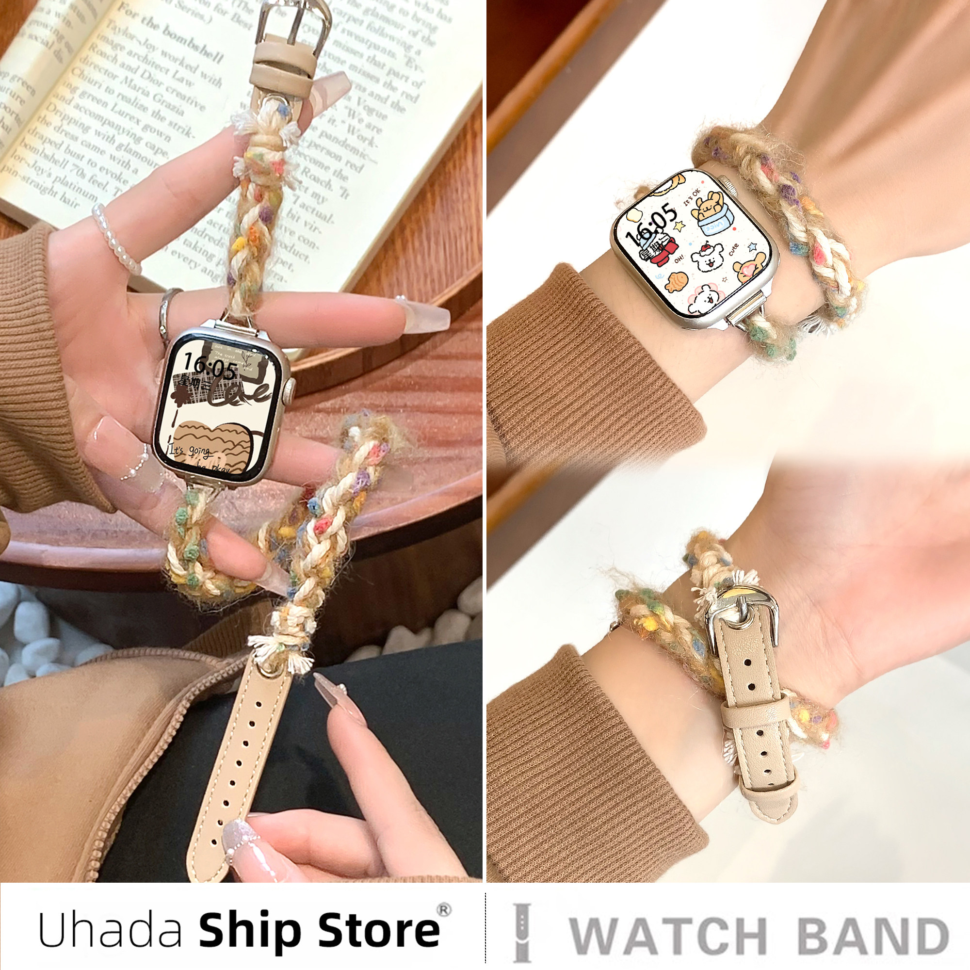 uhada秋冬新款毛绒拼皮双圈表带