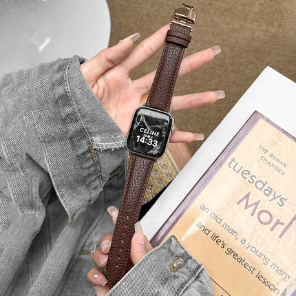 UHADA适用苹果手表表带小众设计复古iwatchs10表带荔枝纹applewatch表带时尚金属蝴蝶扣42春夏苹果手表11表带