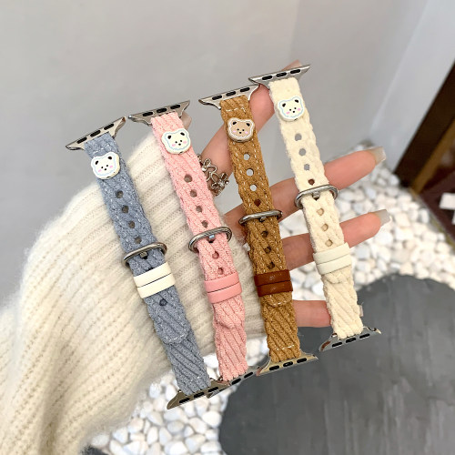 uhada秋冬毛绒针织可爱小熊表带