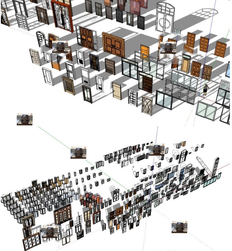 su模型单开双开门推拉门卧室门窗花窗门户窗框门窗组件skp草图