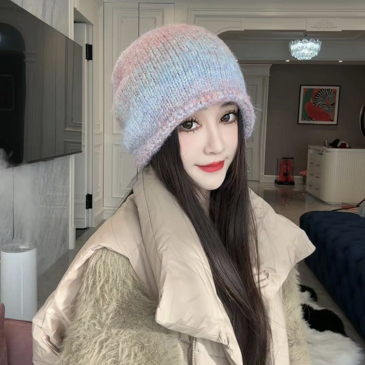 堆堆帽毛线帽女大头围卷边秋冬季