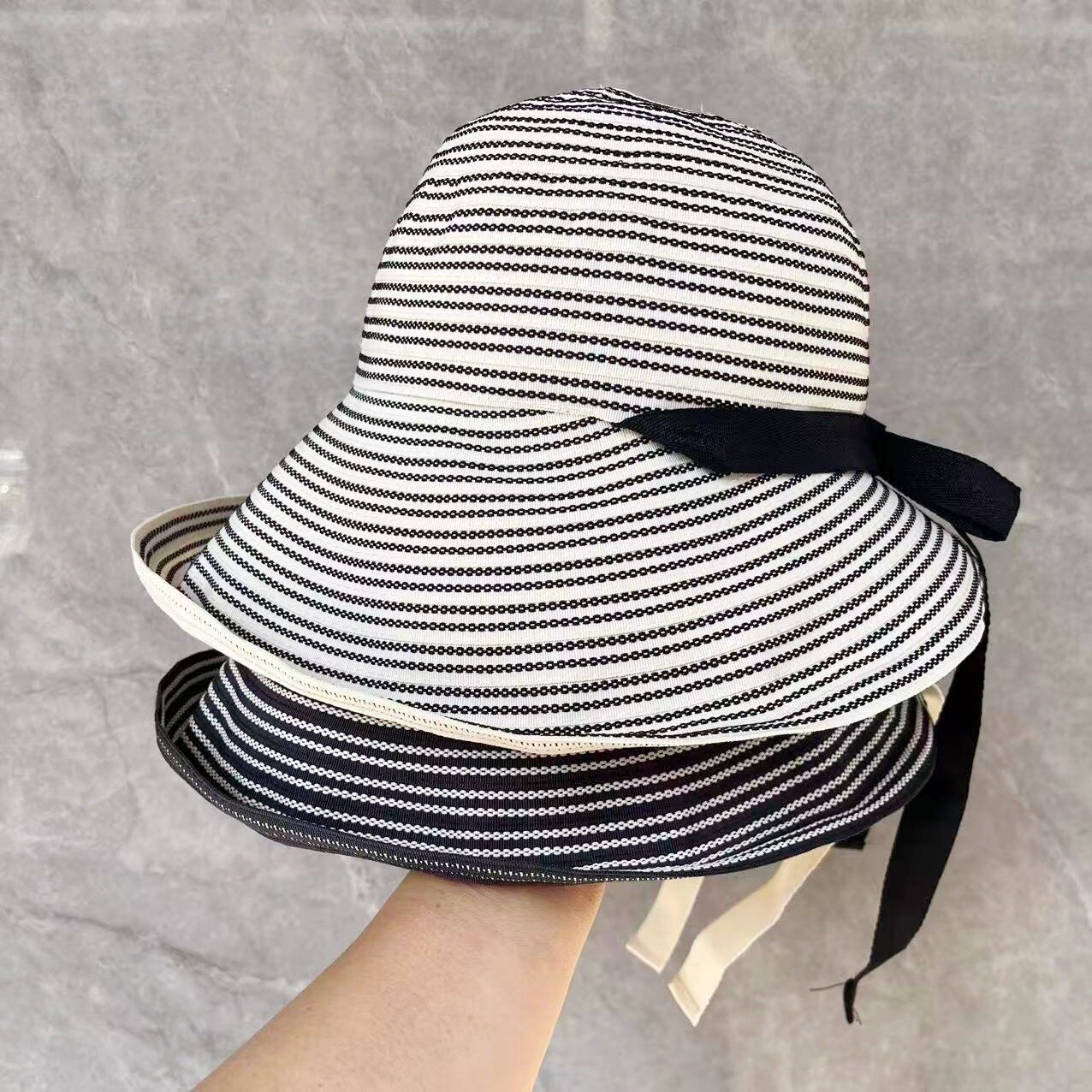 2026新款大帽檐条纹蝴蝶结太阳帽防晒防紫外线可折叠渔夫帽遮阳帽
