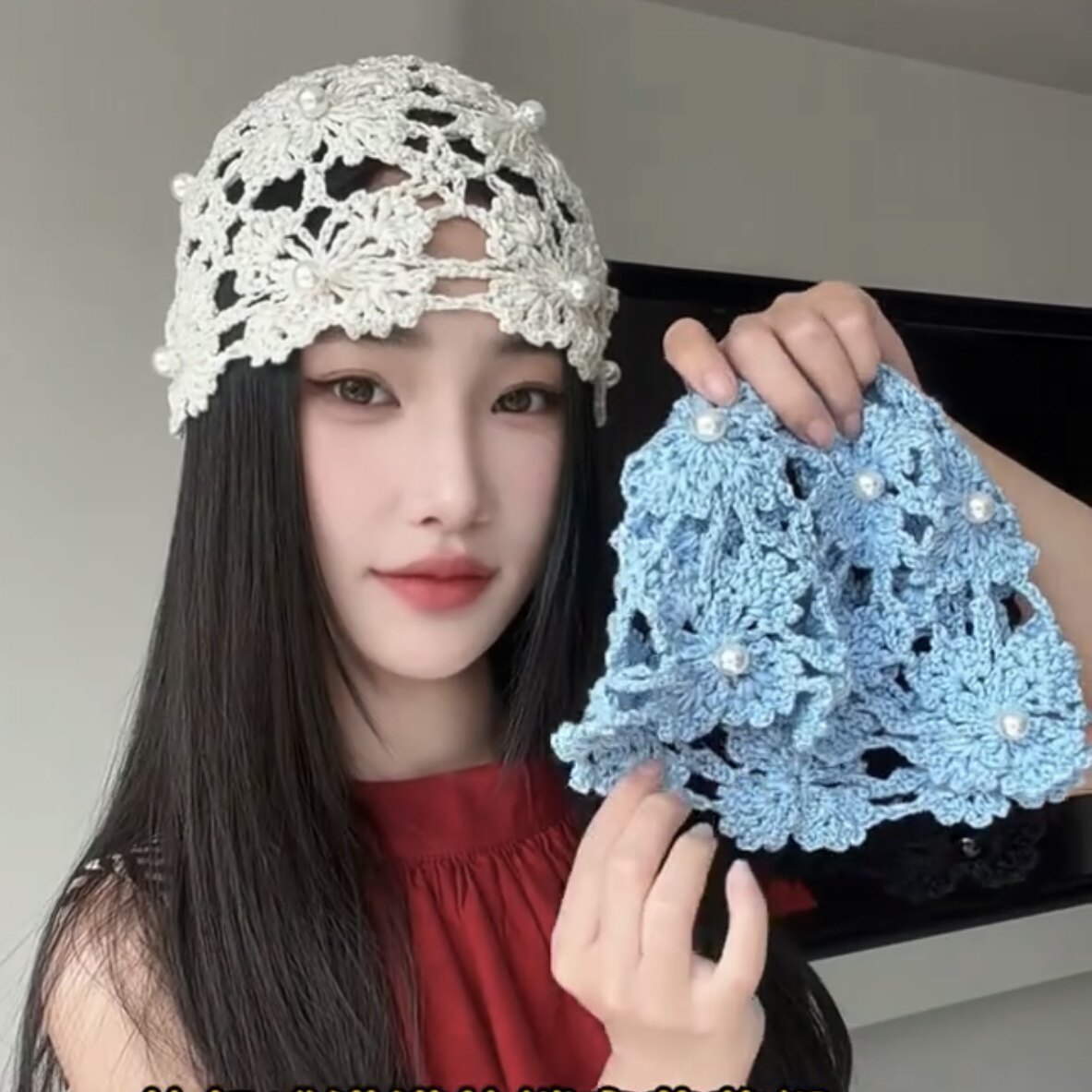 手工钩织镂空蝴蝶珍珠针织帽子女纯夏季薄款韩版百搭显脸小包头帽