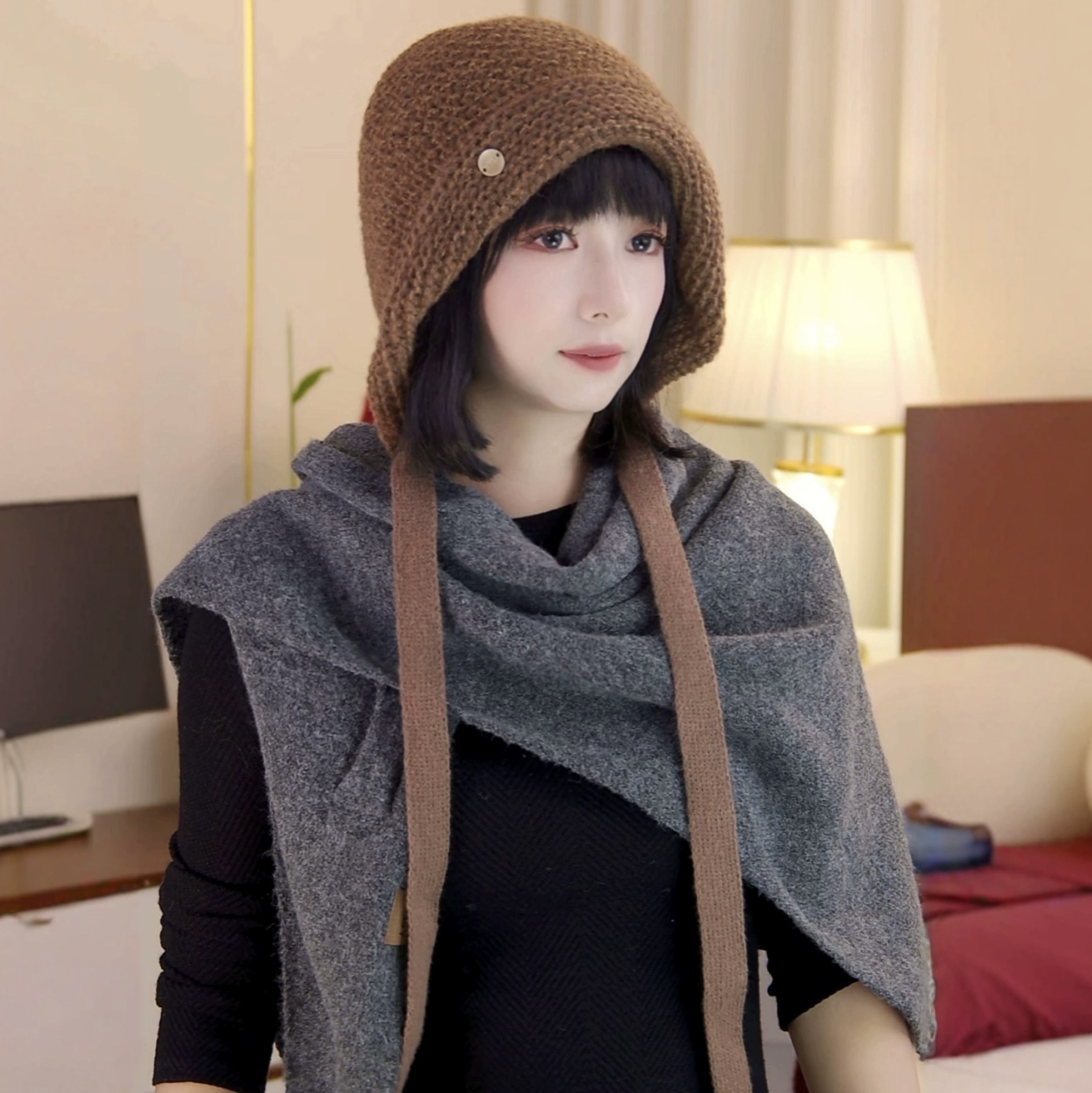 手工编织翻边绑带针织帽春秋冬季