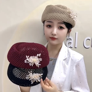 夏季新款网眼透气串珠花朵空姐帽子女韩版百搭甜美气质优雅贝雷帽