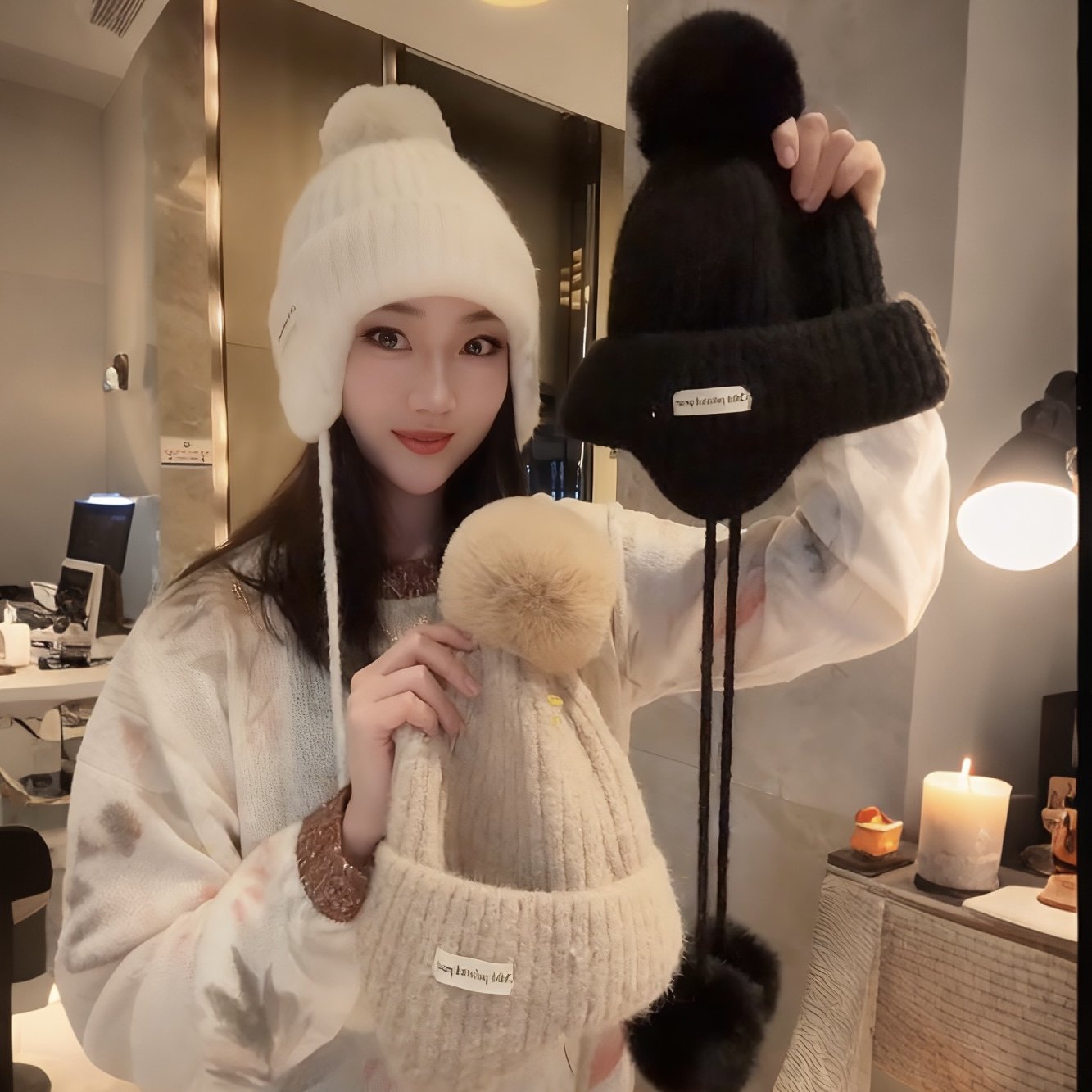 韩版百搭羊毛针织帽子女秋冬季加厚保暖护耳绑带毛球毛线帽飞行帽