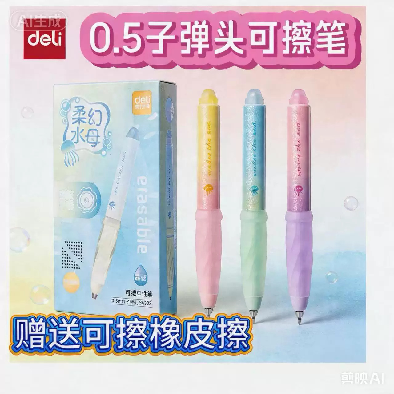 得力新款浓黑可擦中性笔小学生专用柔幻水母可擦水笔晶蓝旋转出芯