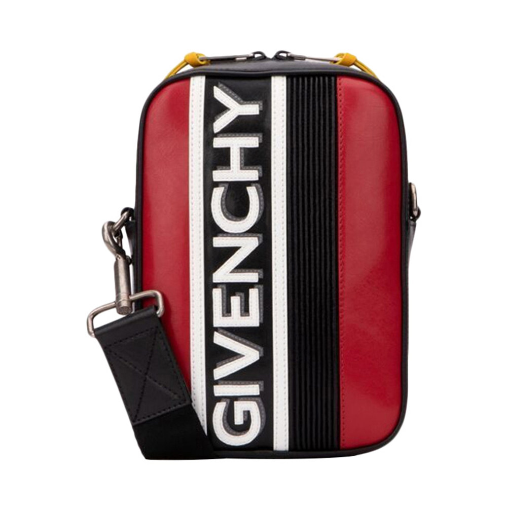 GIVENCHY/纪梵希 黑色/红色牛皮LOGO印花斜挎包男士单肩包