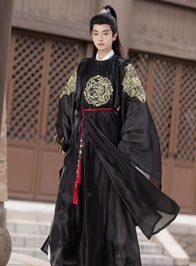 【墨风】原创新款唐制圆领袍黑色绣花古风仙气飘逸套装男女款春季