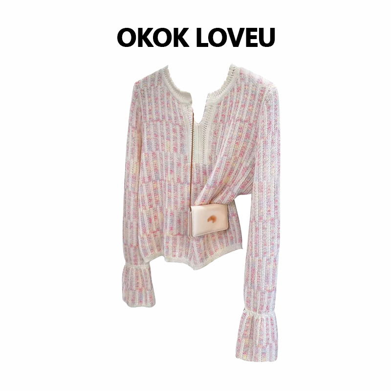 粉色小香风撞色慵懒风女针织衫