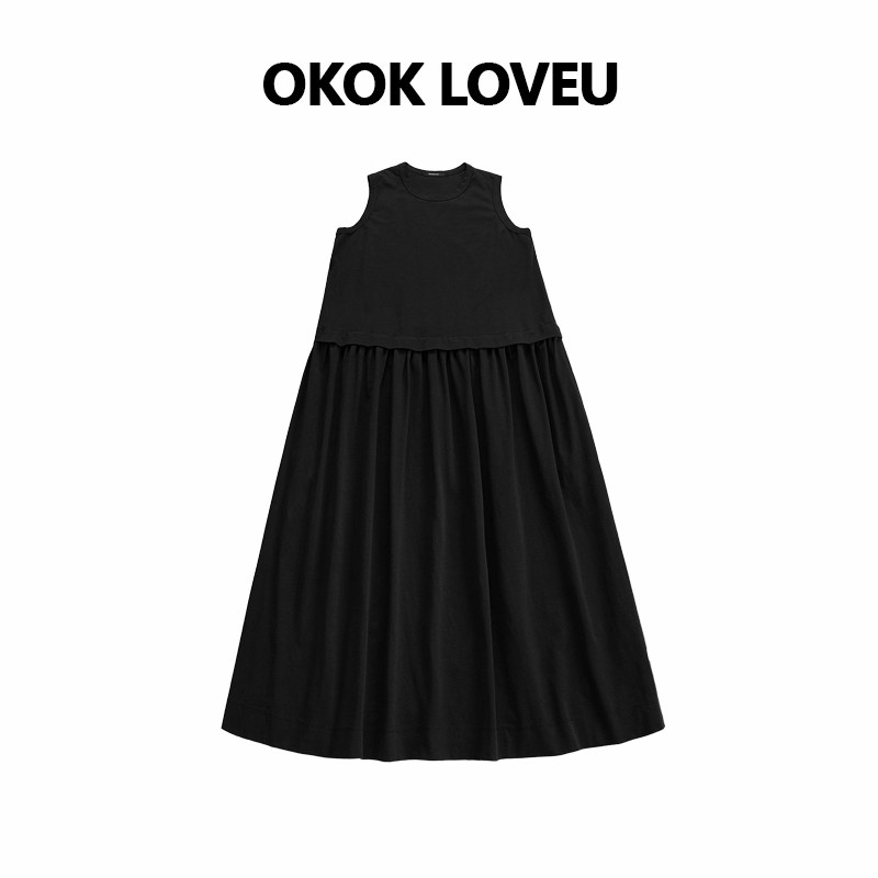 OKOK LOVEU 夏季新款棉涤混纺流星竹节纹理简约无袖背心连衣裙子
