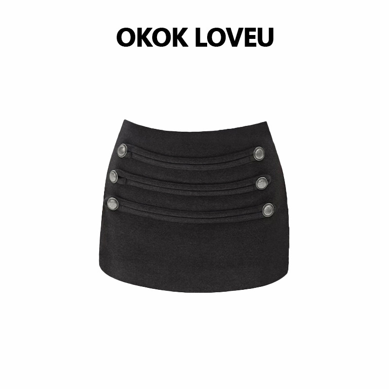 OKOK LOVEU 复古灰色毛呢半身裙女防走光裤裙高腰包臀裙百搭裙子