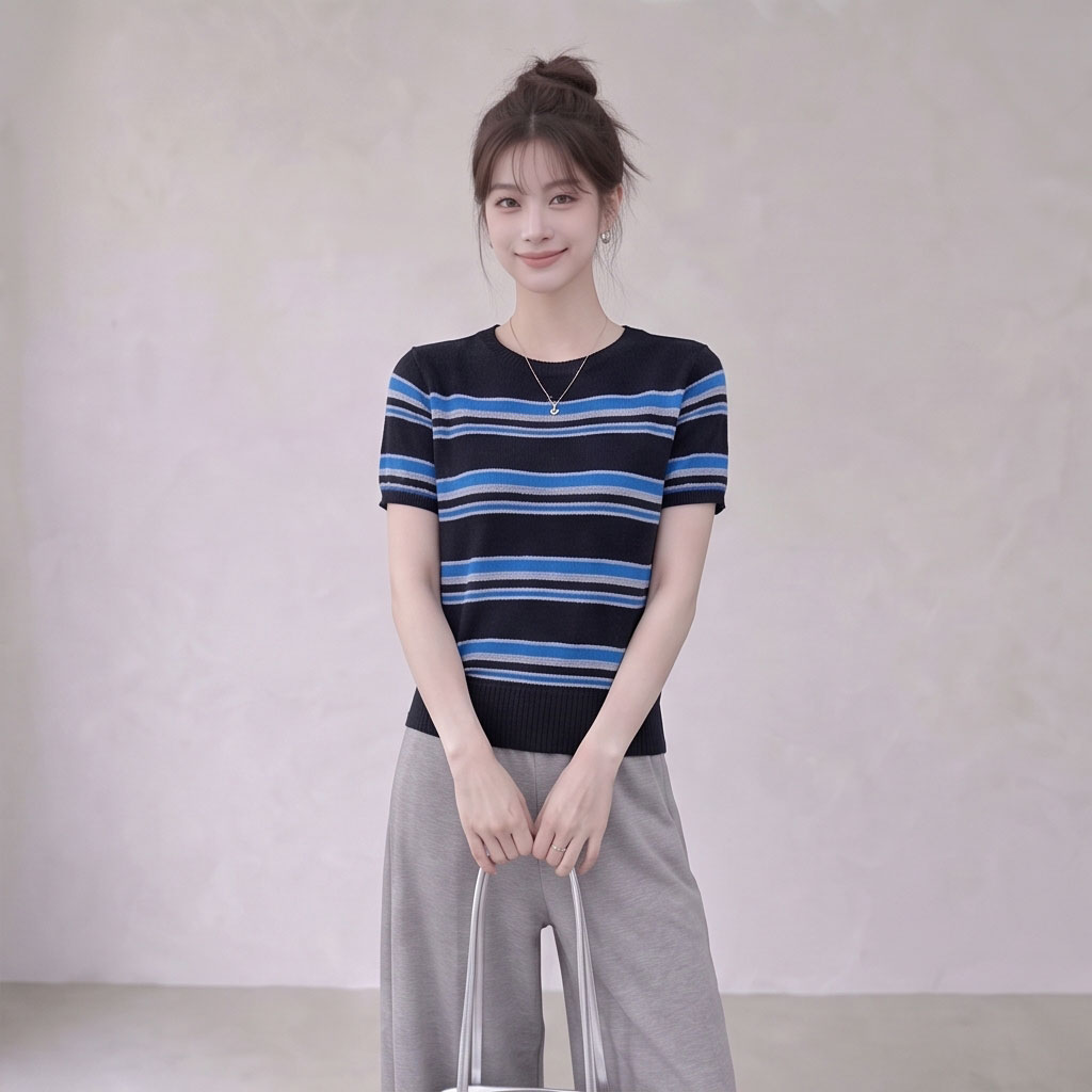 OKOK LOVEU【小蓝调】休闲条纹短袖针织衫女款2026夏季显瘦小上衣