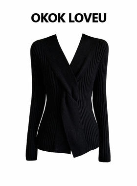 OKOK LOVEU 得体交叉设计V领针织衫女秋冬黑色气质减龄打底衫上衣