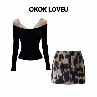 OKOK LOVEU 时髦小姨风重工烫钻一字肩上衣豹纹半身裙女气质套装