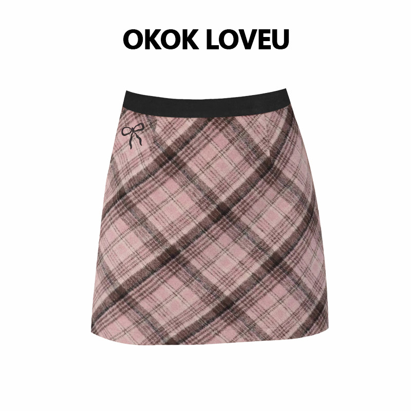OKOK LOVEU 复古格纹粉色毛呢A字半身裙女秋冬学院风高腰格纹短裙