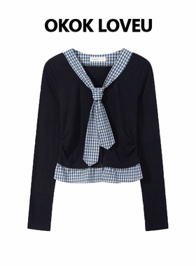 OKOK LOVEU 撞色格纹拼接假两件长袖t恤女秋冬季新款复古叠穿上衣