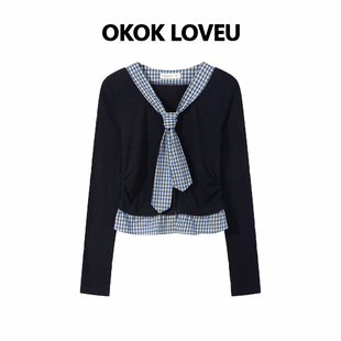 新款 OKOK t恤女秋冬季 撞色格纹拼接假两件长袖 复古叠穿上衣 LOVEU