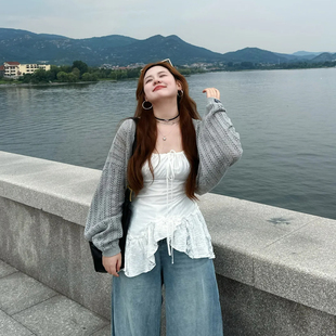 满分搭配 套装 微胖mm甜美设计感吊带针织罩衫 大码 阔腿裤 野生辣