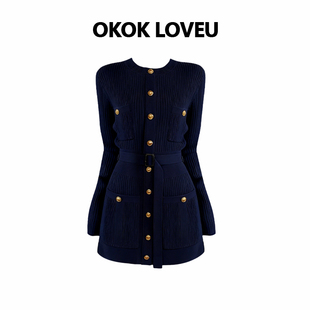 圆领巨好看连衣裙女高级弹力针织毛衣裙子 藏青色长袖 OKOK LOVEU