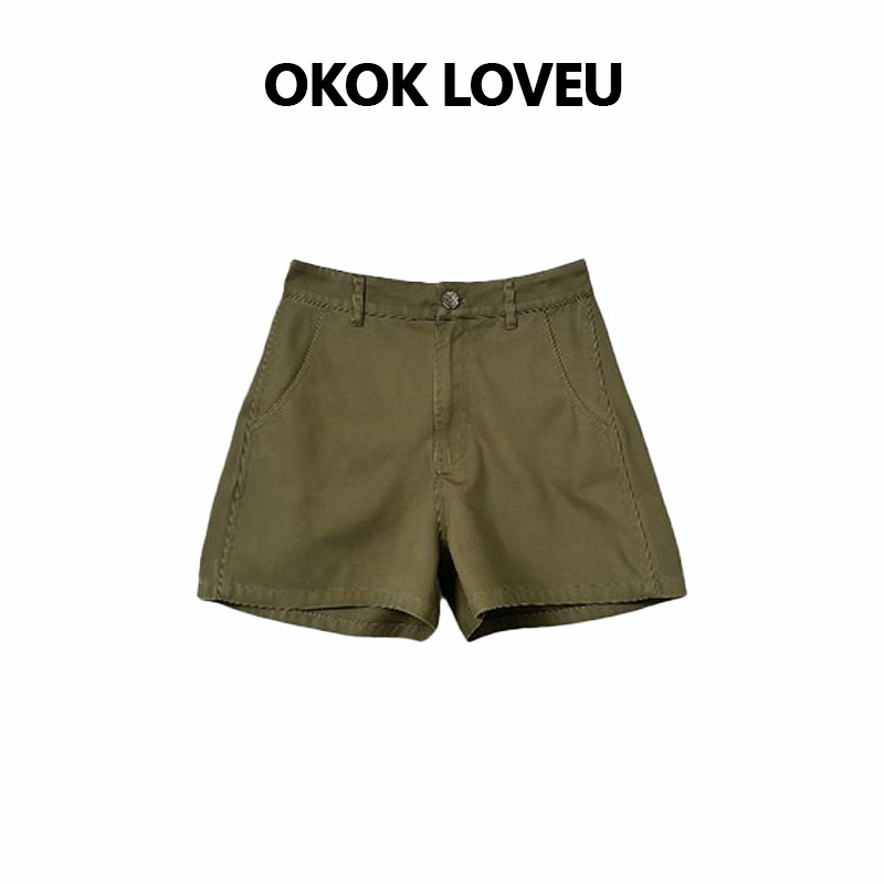 OKOK LOVEU【绿调闲行】工装风军绿色短裤女夏季百搭直筒休闲裤子
