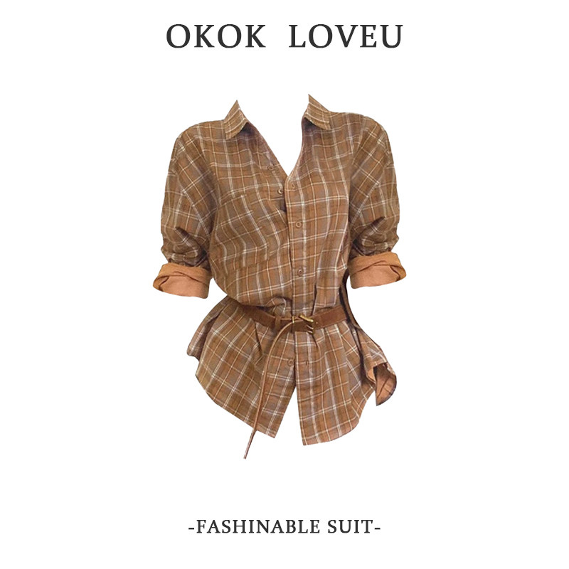 复古美拉德高级感格纹POLO领衬衫女秋季宽松显瘦气质百搭长袖上衣