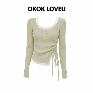 LOVEU 巨好看修身 绿野信笺 t恤女春季 打底 假两件绿色长袖 OKOK