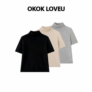 “法式高智”羊毛混纺定织肌理坑条打底衫短袖女高领针织上衣百搭