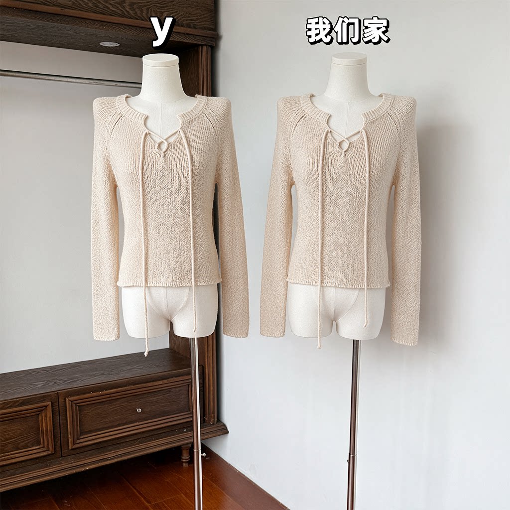 OKOK LOVEU 燕麦色镂空绑带长袖针织衫女新款宽松显瘦上衣套头衫