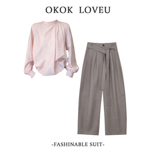 两件套洋气减龄通勤装 韩系淑女风飘带衬衫 时尚 秋冬季 女高腰阔腿裤