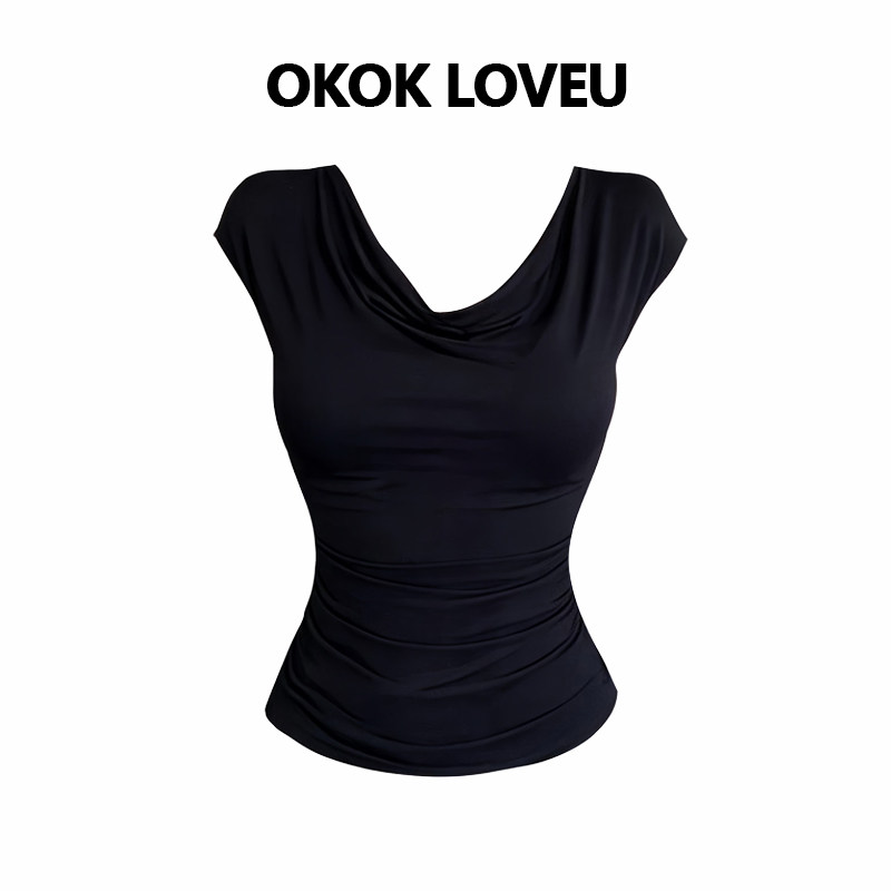 OKOK LOVEU【韩模神Tee】辣妹荡领多穿无袖t恤女抽褶收腰显瘦上衣