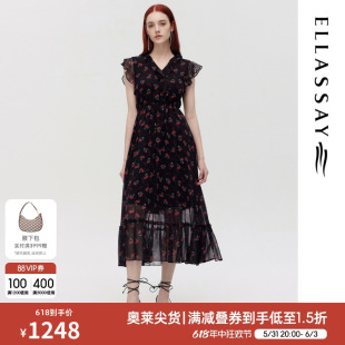 桑蚕丝樱桃印花连衣裙女EWW322Y01600 ELLASSAY歌力思夏季 新款