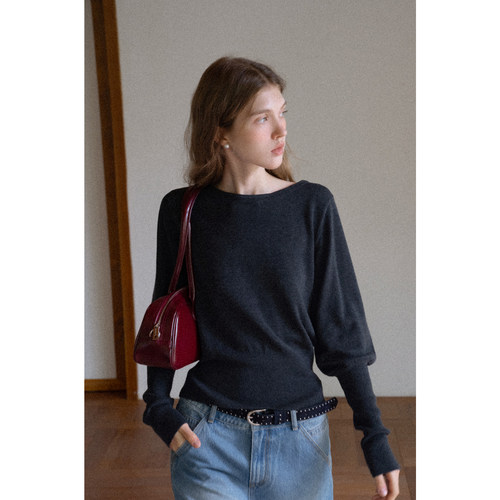 EGGKA法式圆领收腰毛针织衫秋冬简约气质通勤长袖宽松打底衫上衣