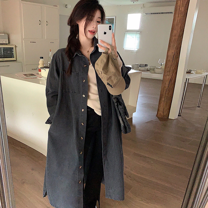 复古港风工装牛仔风衣外套女春秋季宽松中长款过膝连衣裙衬衫裙子