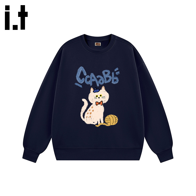 it ccaabb秋冬季加绒涂鸦猫咪印花卫衣女生款圆领长袖休闲上衣服E