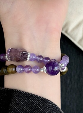 天然紫水晶绿檀木双圈手链