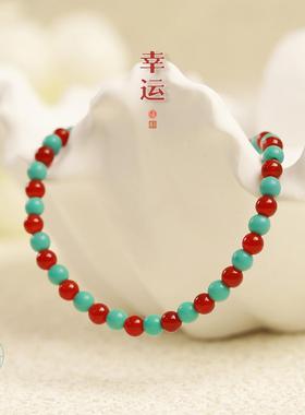 JINYU国风绿松石红玛瑙手链女
