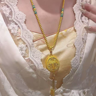 镂空花丝金凤香囊吊坠蓝色女仿真黄金沙金凤凰于飞流苏毛衣链项链