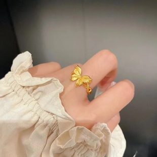 时尚烟雨梦蝶戒指古法沙金立体錾刻花丝缤纷蝴蝶开口新中式国潮风