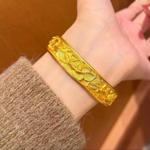 2025新版宽版牡丹花沙金手镯