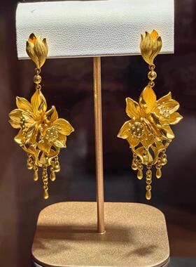黄金色荷花流苏耳环古法轻奢