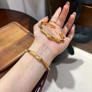 拉丝竹节手镯古法沙金复古百搭镶钻黄金色开口镯子女款新中式国风