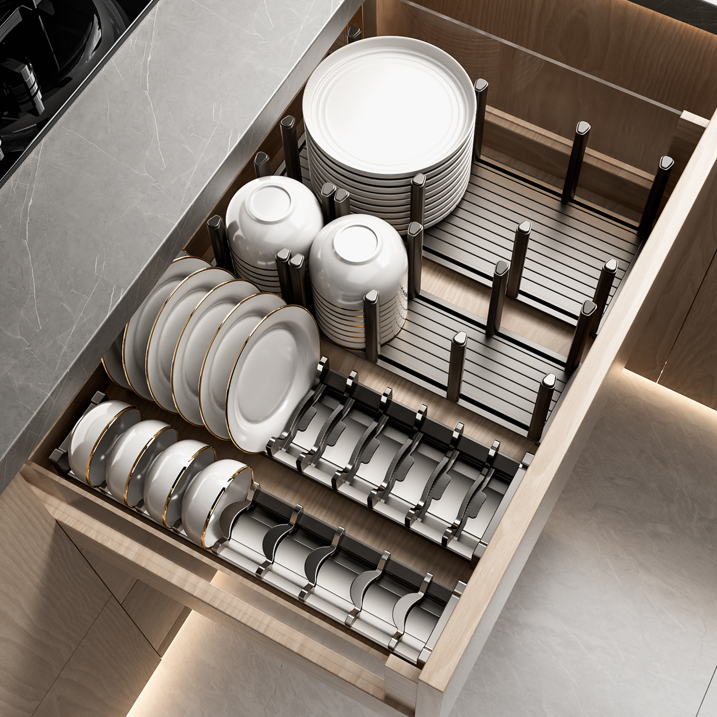 抽屉内置碗架厨房碗碟收纳架橱柜分隔筷餐具盒柜内放碗盘子置物架