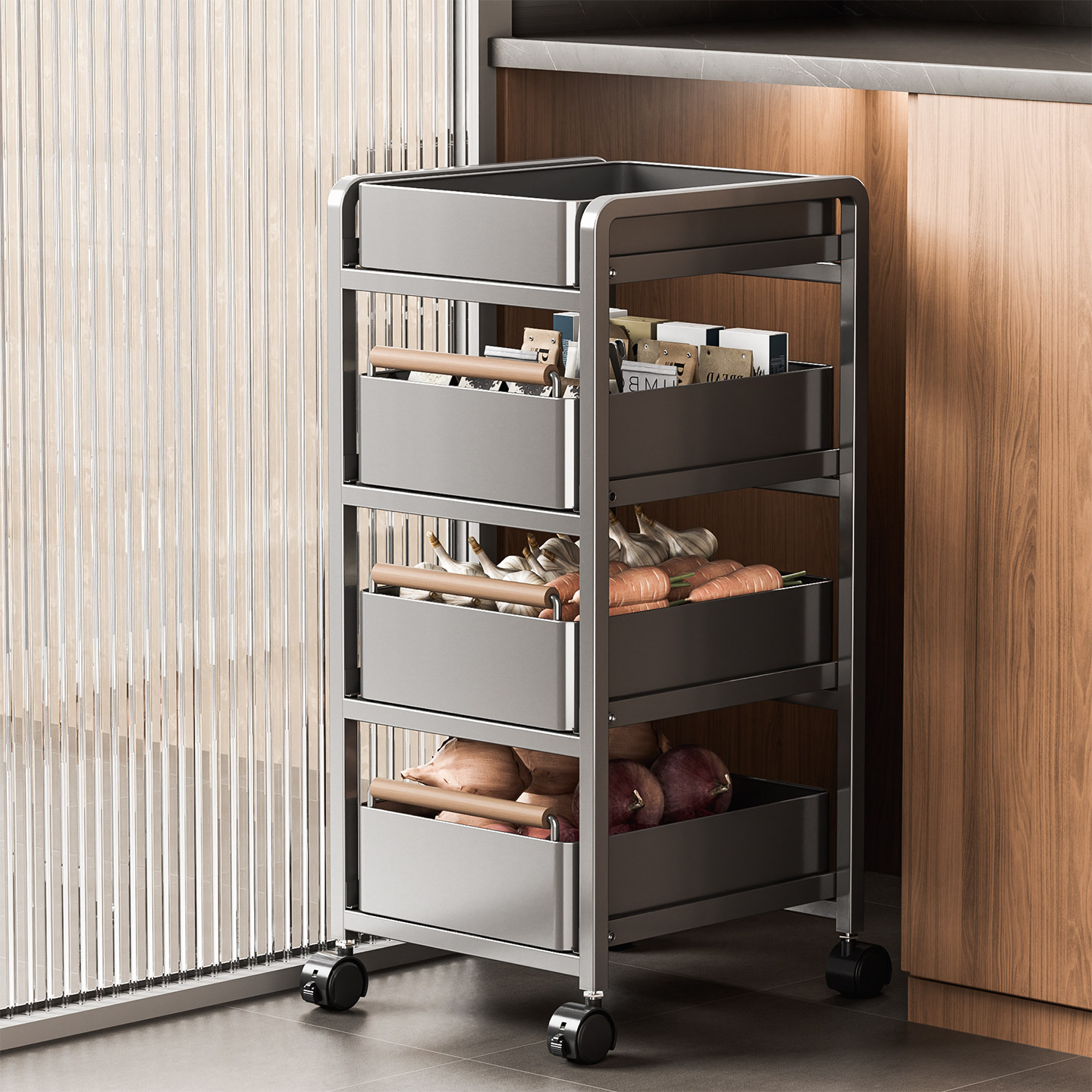 厨房小推车厨房放菜收纳筐厨房移动收纳车蔬菜置物架内置小推车,收纳整理,家用收纳手推车,淘宝优惠券,粉丝福利购,淘宝优惠卷