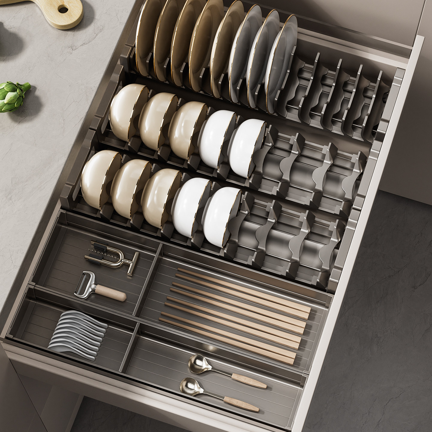 枪灰厨房抽屉收纳分隔橱柜内置分格碗架放刀叉碗筷勺子餐具收纳盒