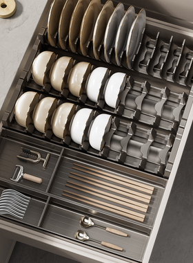 枪灰厨房抽屉收纳分隔橱柜内置分格碗架放刀叉碗筷勺子餐具收纳盒