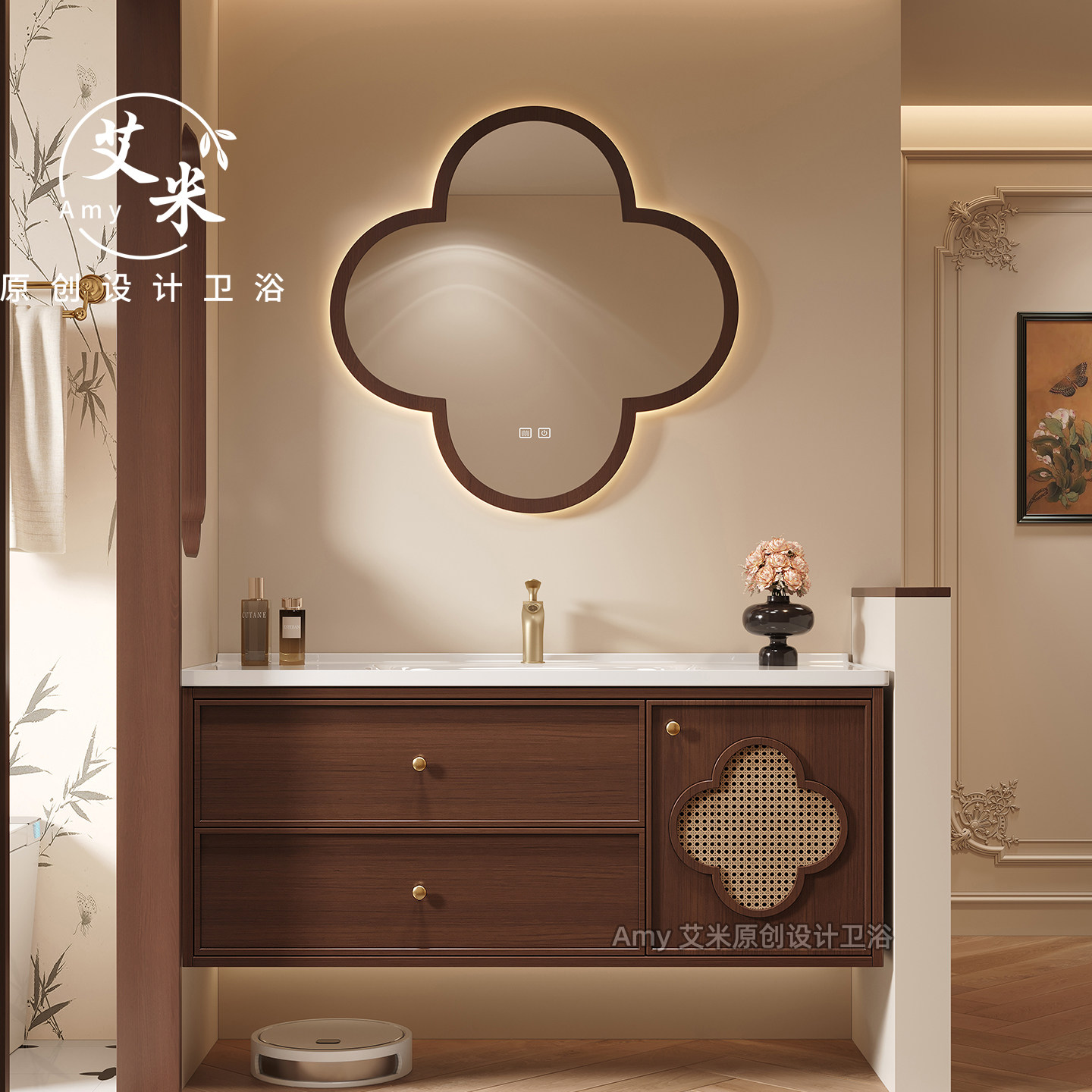 宋氏美学中古风橡木浴室柜组合卫生间陶瓷一体盆洗手盆机器人定制
